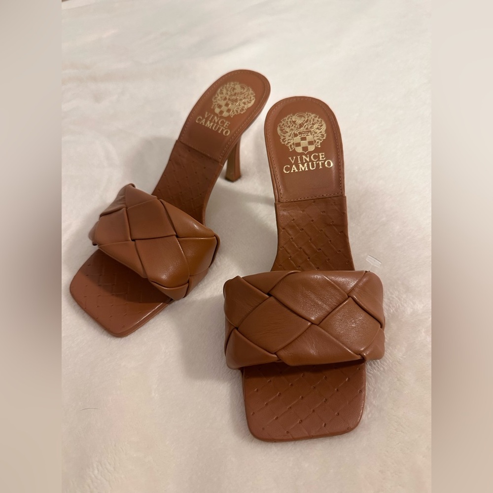 Vince Camuto Tan Woven Heeled Mules new without box